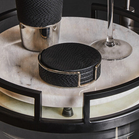 Set of 4 Black Leather Effect Coasters with Holder
