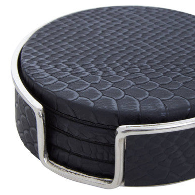 Set of 4 Black Leather Effect Coasters with Holder