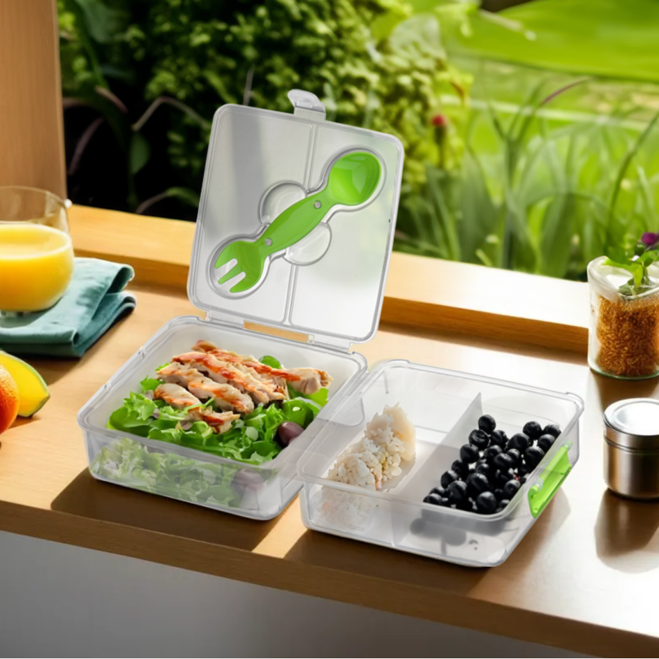 Clear Lunch Box with Green Accents and Cutlery