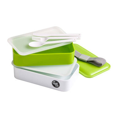 Green and White Stackable Lunch Box with Cutlery