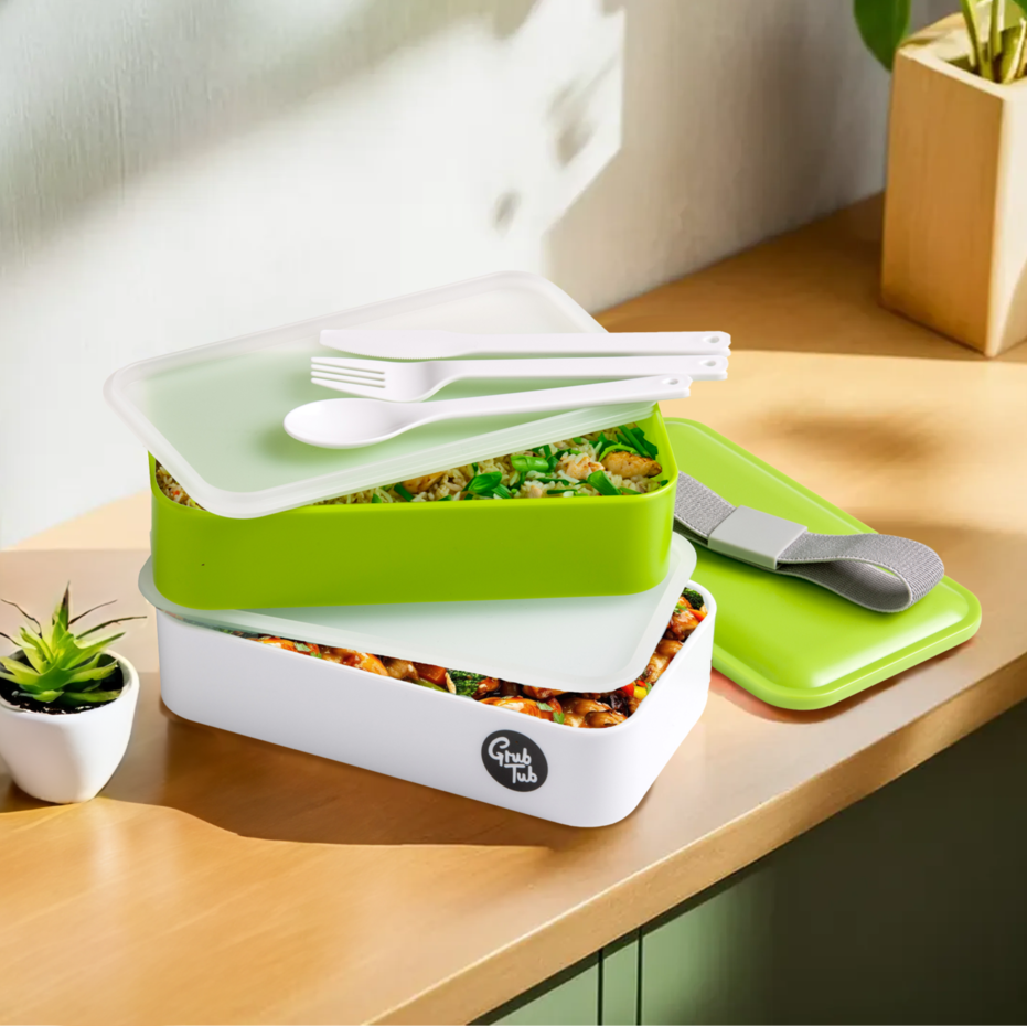 Green and White Stackable Lunch Box with Cutlery
