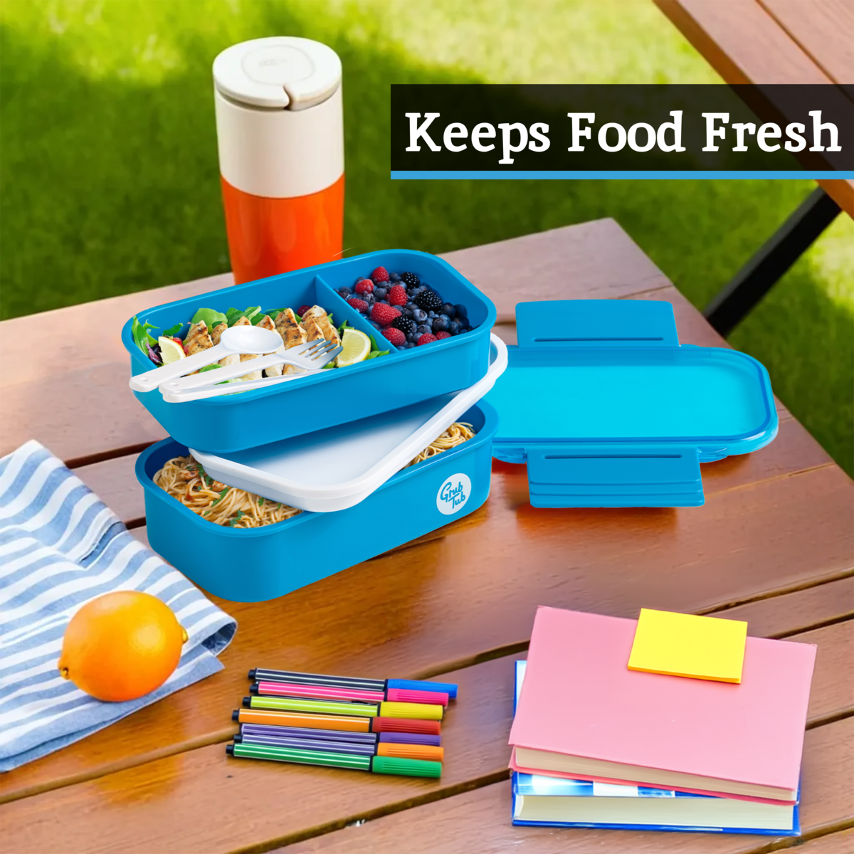 Blue 2 Tier Lunch Box with Cutlery