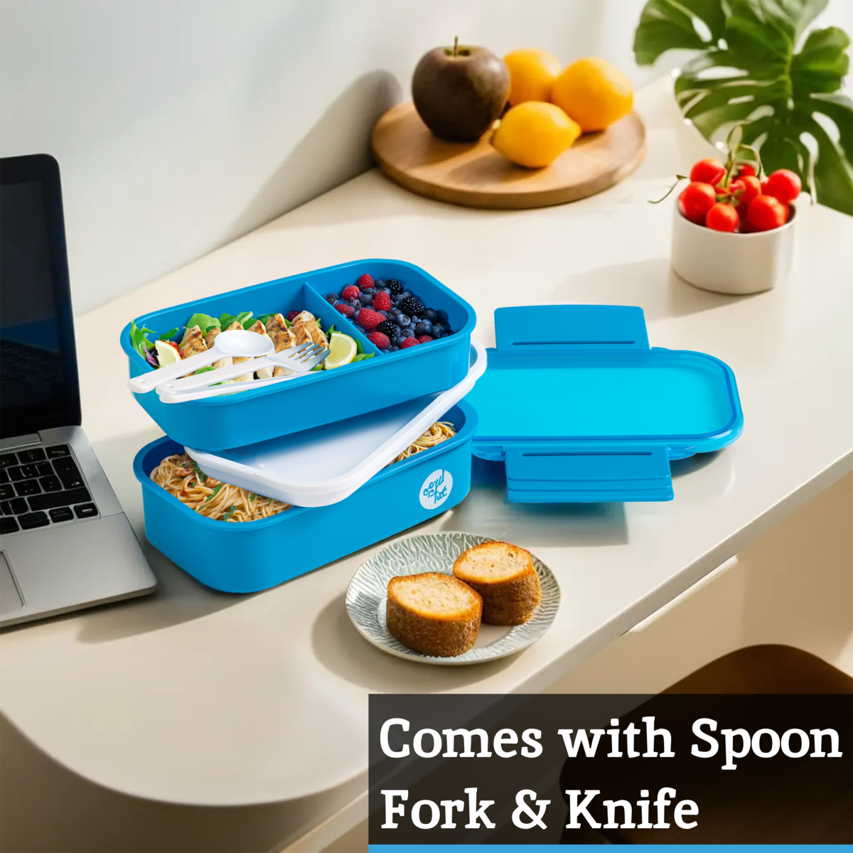 Blue 2 Tier Lunch Box with Cutlery