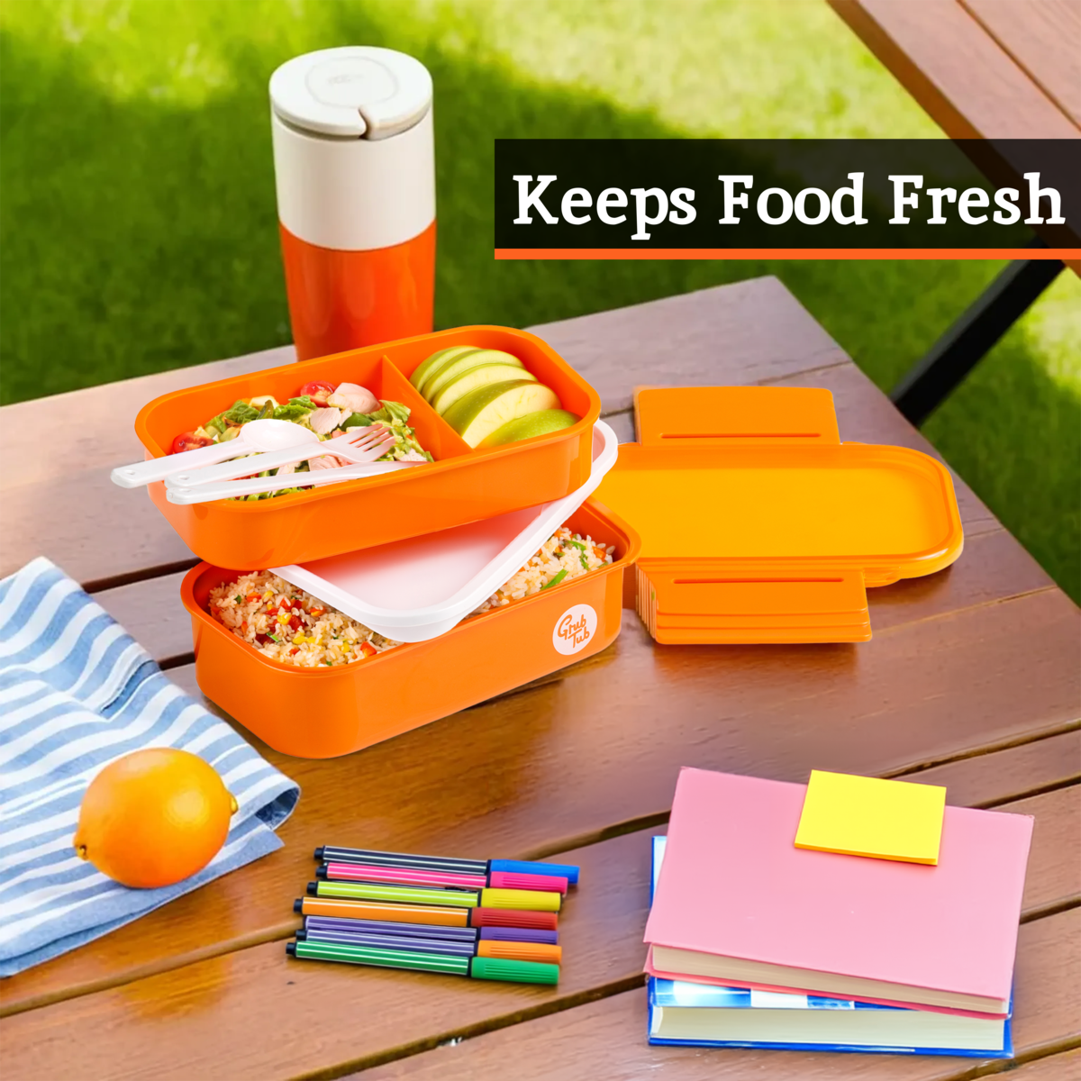 Orange 2 Tier Lunch Box with Cutlery