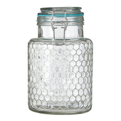 Clear Glass Honeycomb Clip Top Jar with Blue Seal 1300ml