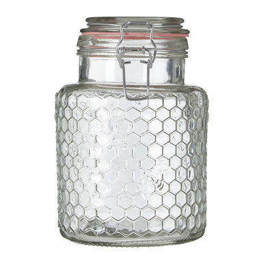 Clear Glass Honeycomb Clip Top Jar with Pink Seal 1300ml