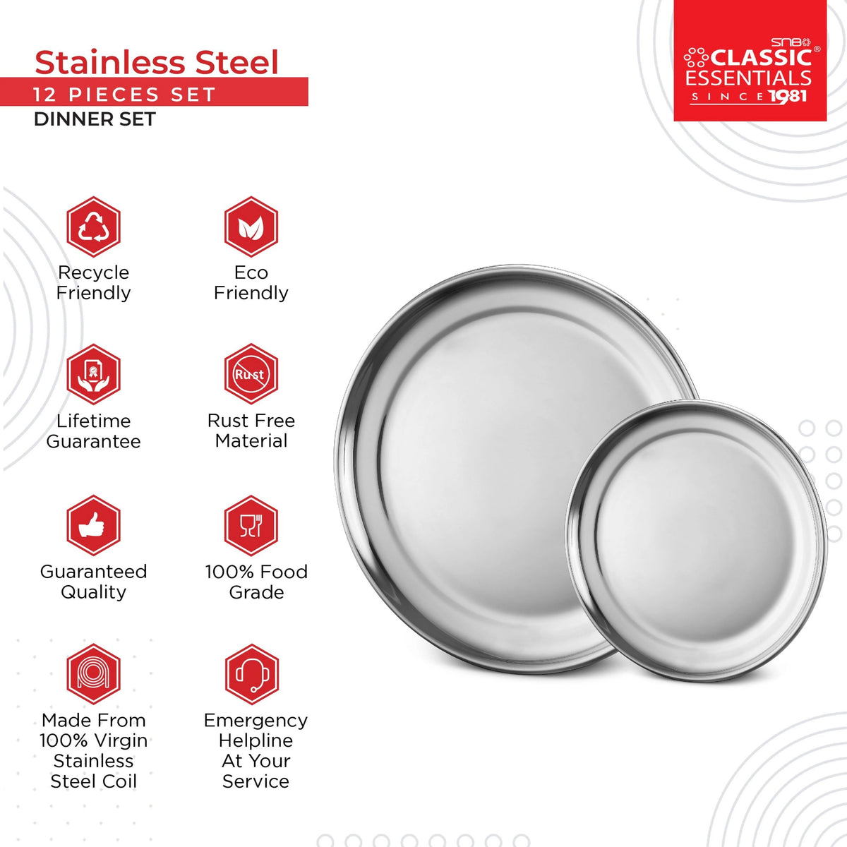 Stainless Steel 12 Piece Plain Dinner Set