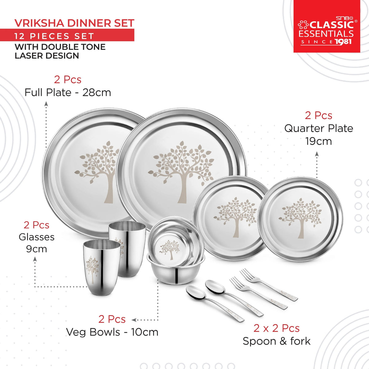 Stainless Steel 12 Piece Vriksha Dinner Set