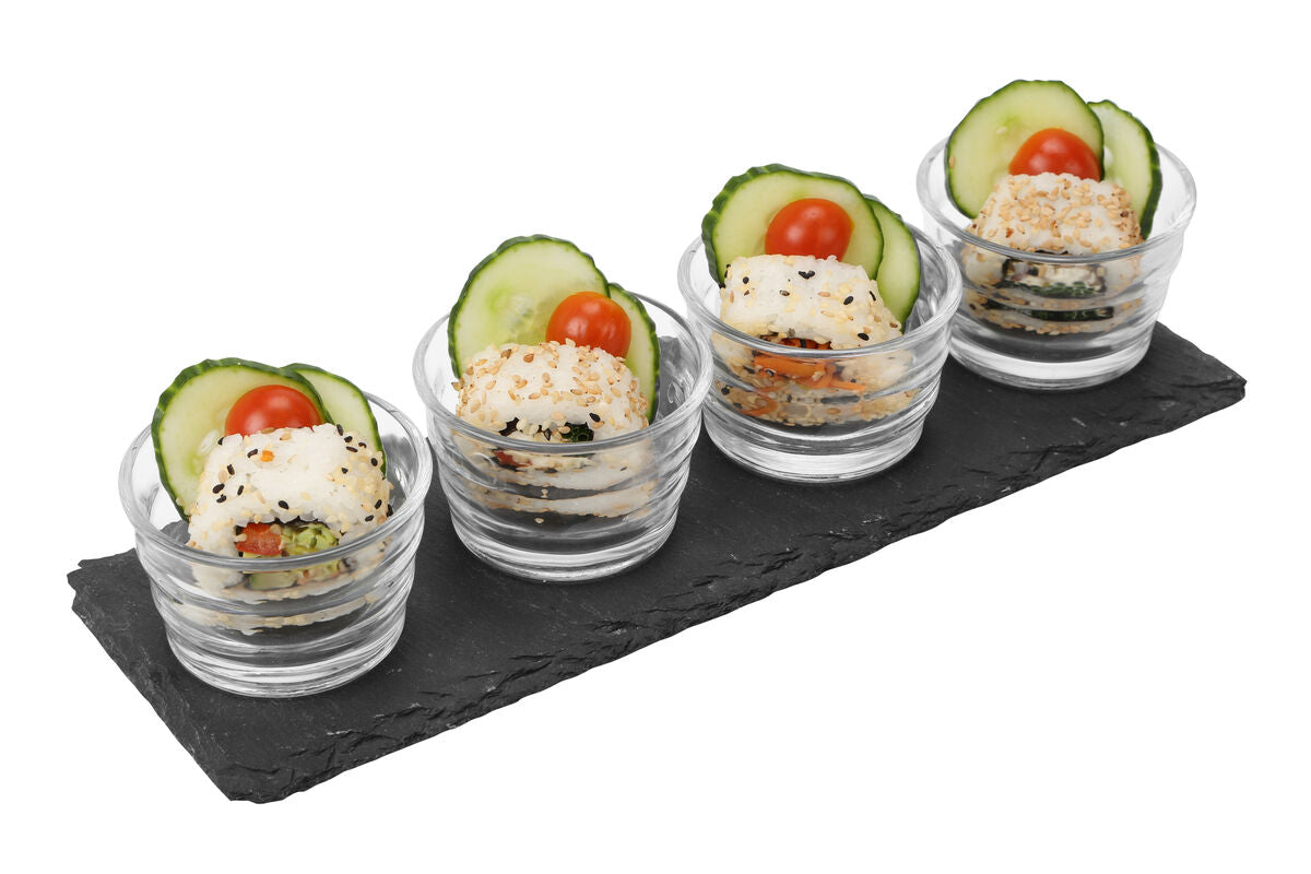 Set of 4 Ribbed Glass Bowls with Slate Tray