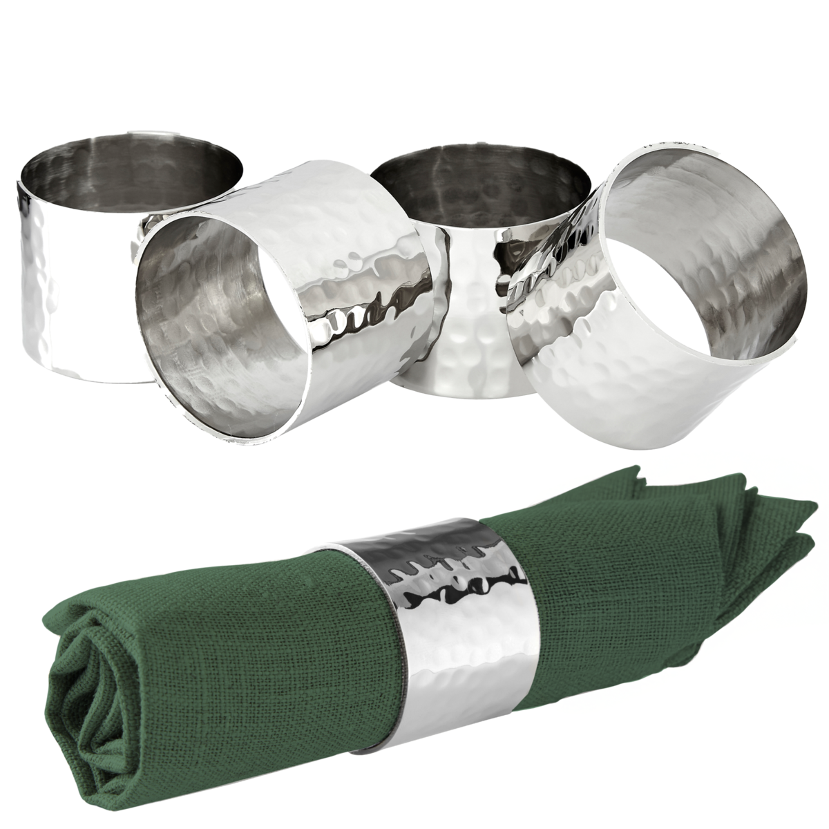 Set of 4 Silver Finish Hammered Napkin Rings