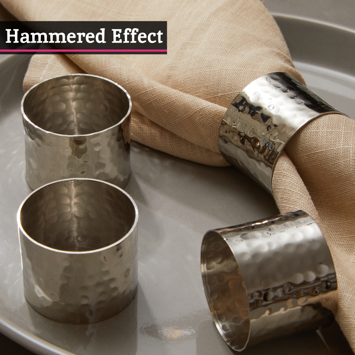 Set of 4 Silver Finish Hammered Napkin Rings