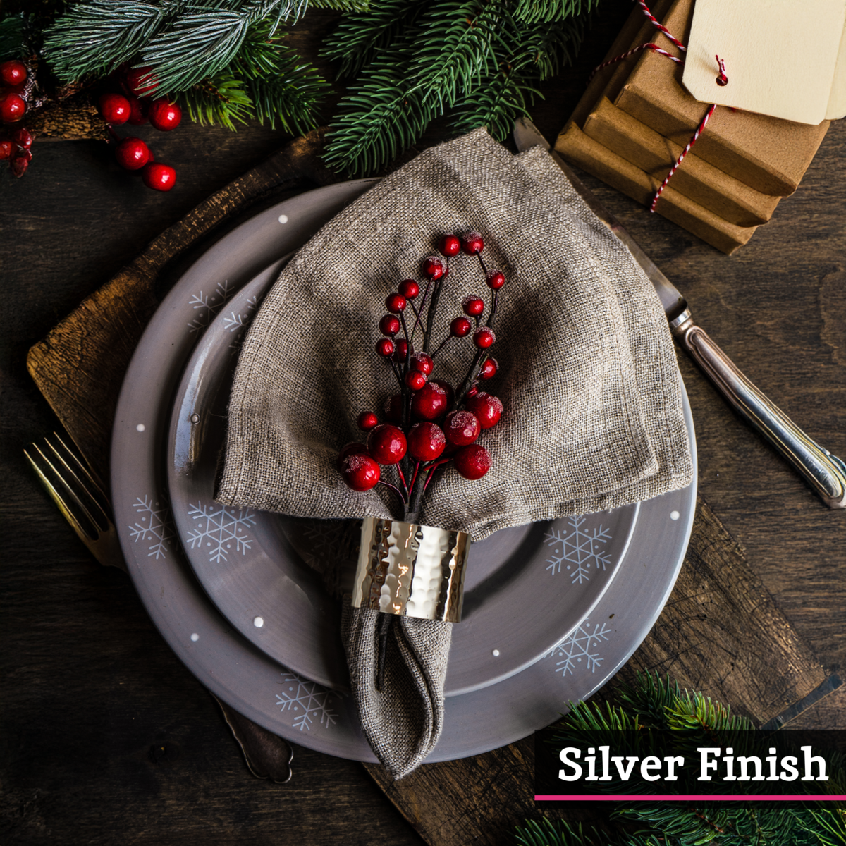 Set of 4 Silver Finish Hammered Napkin Rings