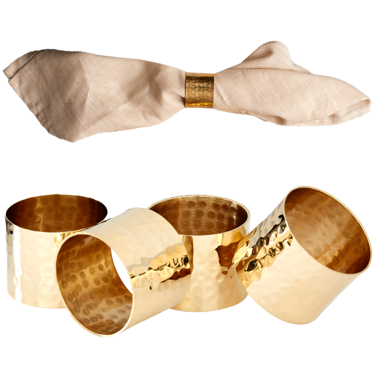 Set of 4 Brass Finish Hammered Napkin Rings
