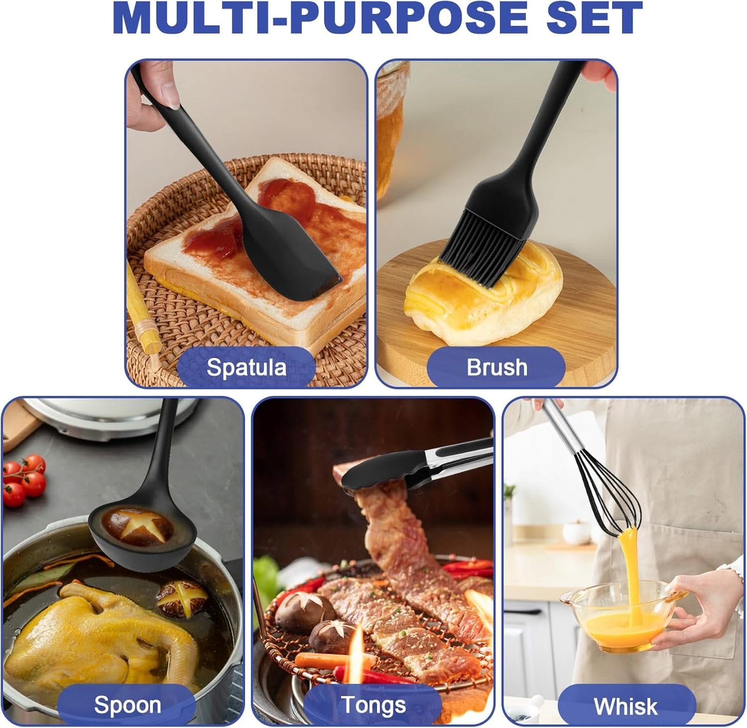 12-Piece Silicone Kitchen Utensils Set – Heat-Resistant Includes Holder, BPA-Free Non-Stick Spatulas and Tools, Perfect for Everyday Cooking (Black)