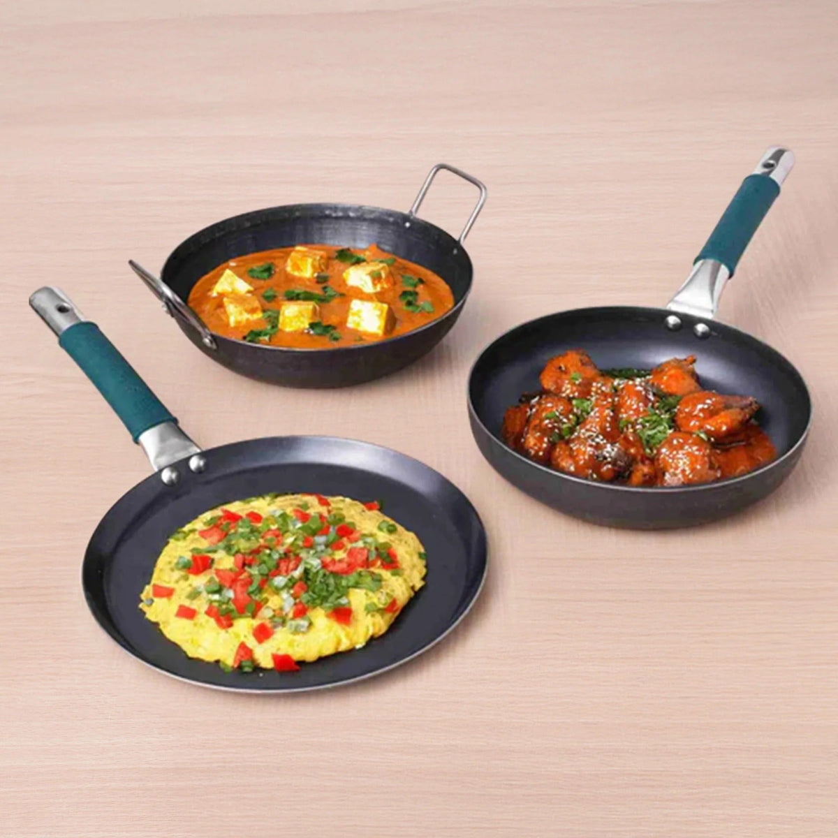 Iron Cooking Set of 3 Kadai (25.4 cm)+ Tawa(26.3 cm)+Fry Pan (25.4 cm)