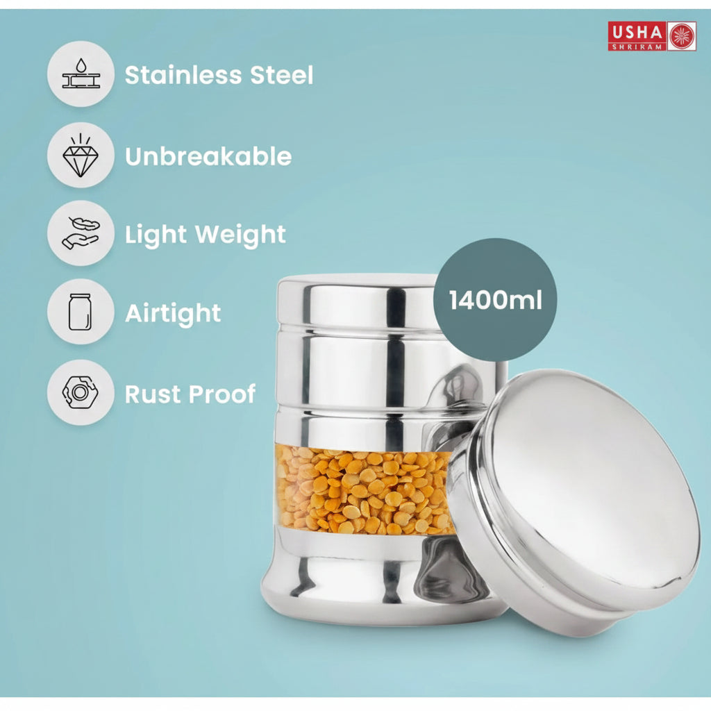 Stainless Steel Containers 1.5L, Set of 2, Rust Proof, Kitchen Storage Dabba