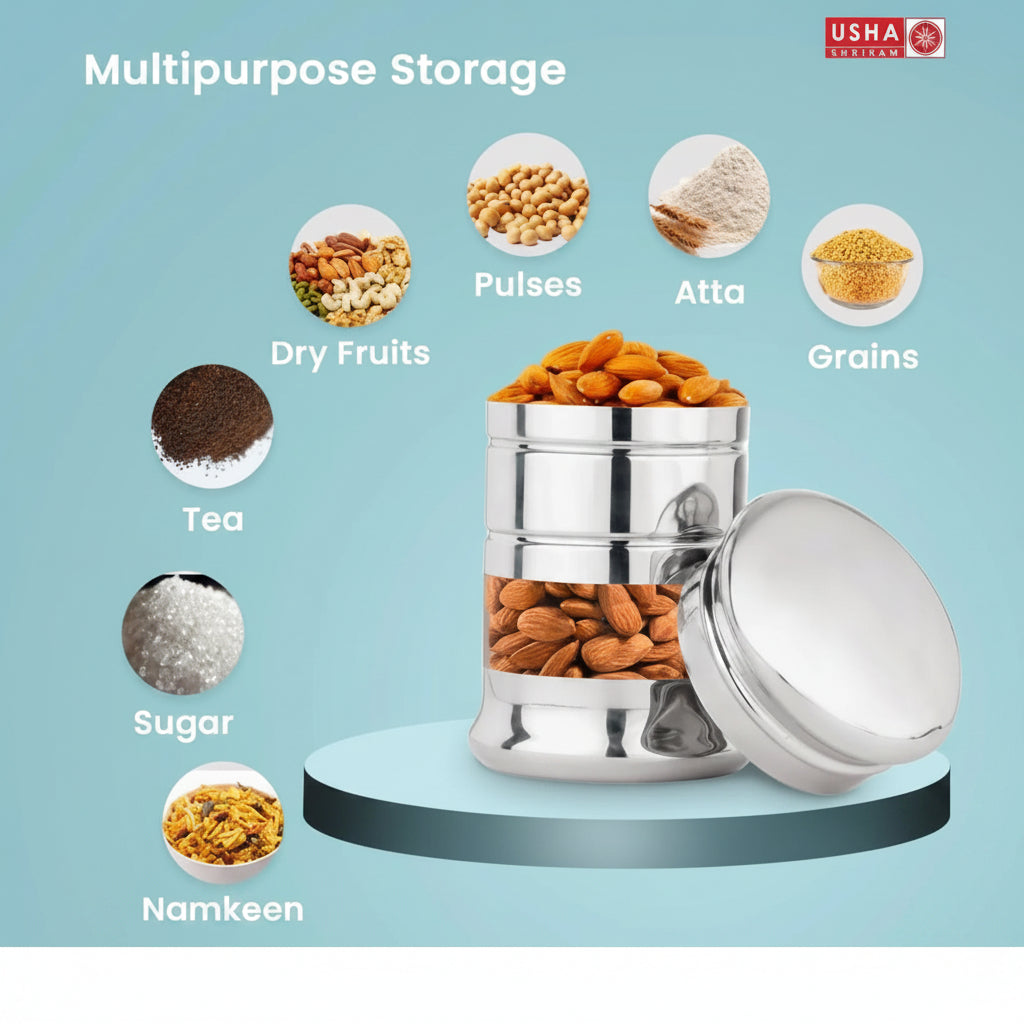 Stainless Steel Containers 1.5L, Set of 2, Rust Proof, Kitchen Storage Dabba