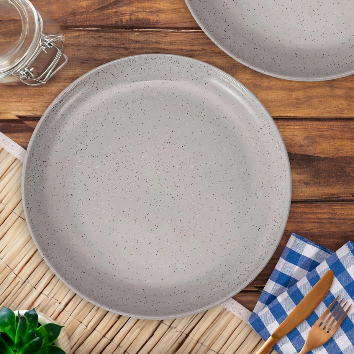 Speckled Green Glazed Dinner Plate Set of 2 10 inch Grey Lightweight