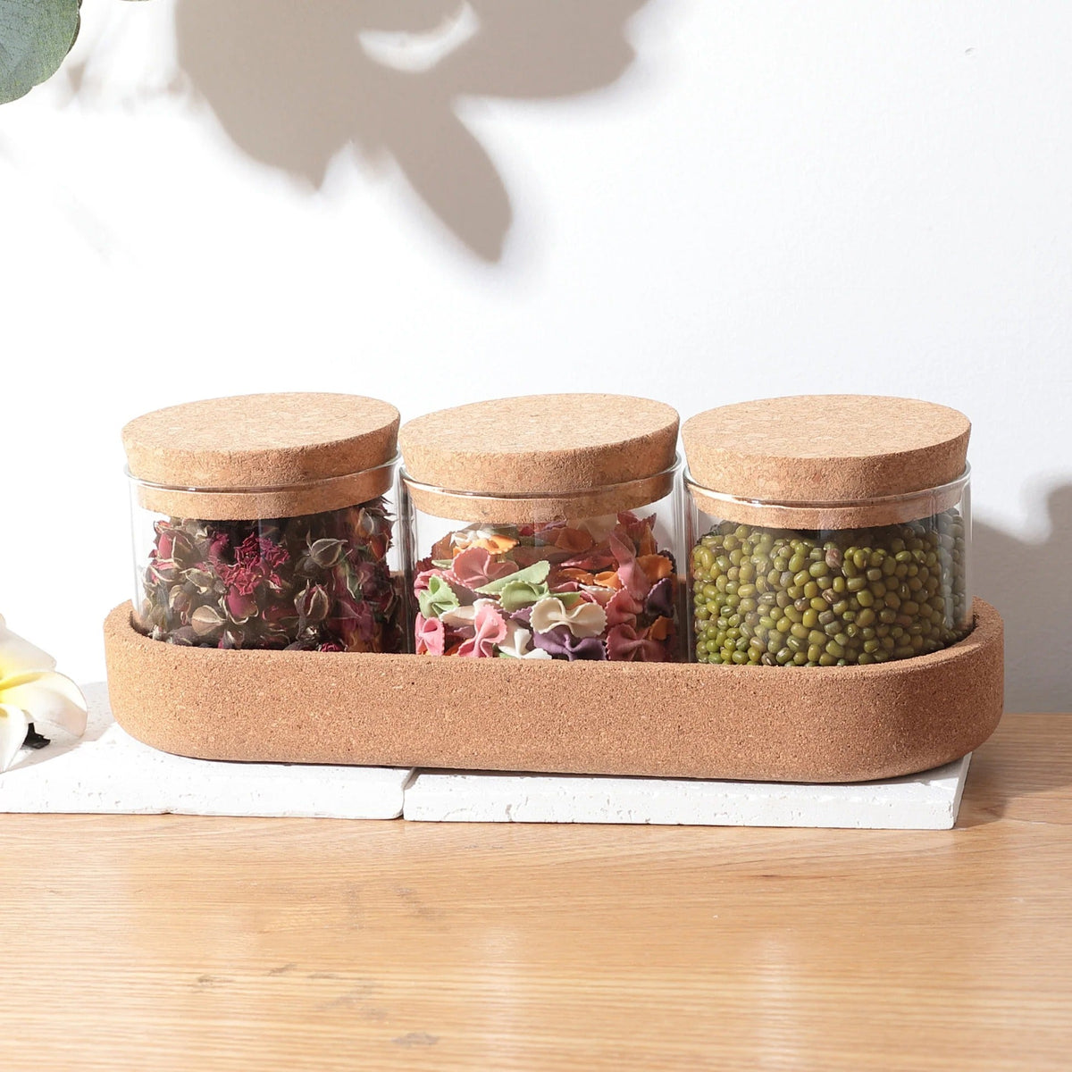 Borosilicate Glass Jars with Cork Lids, 270 ml Pack of 3, Airtight, Cork Tray
