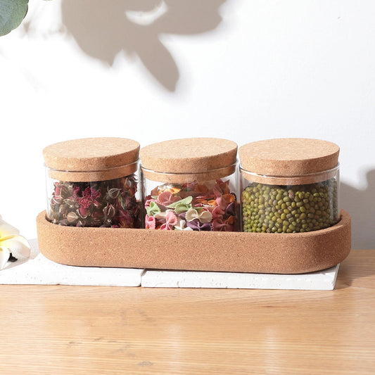 Borosilicate Glass Jars with Cork Lids, 270 ml Pack of 3, Airtight, Cork Tray