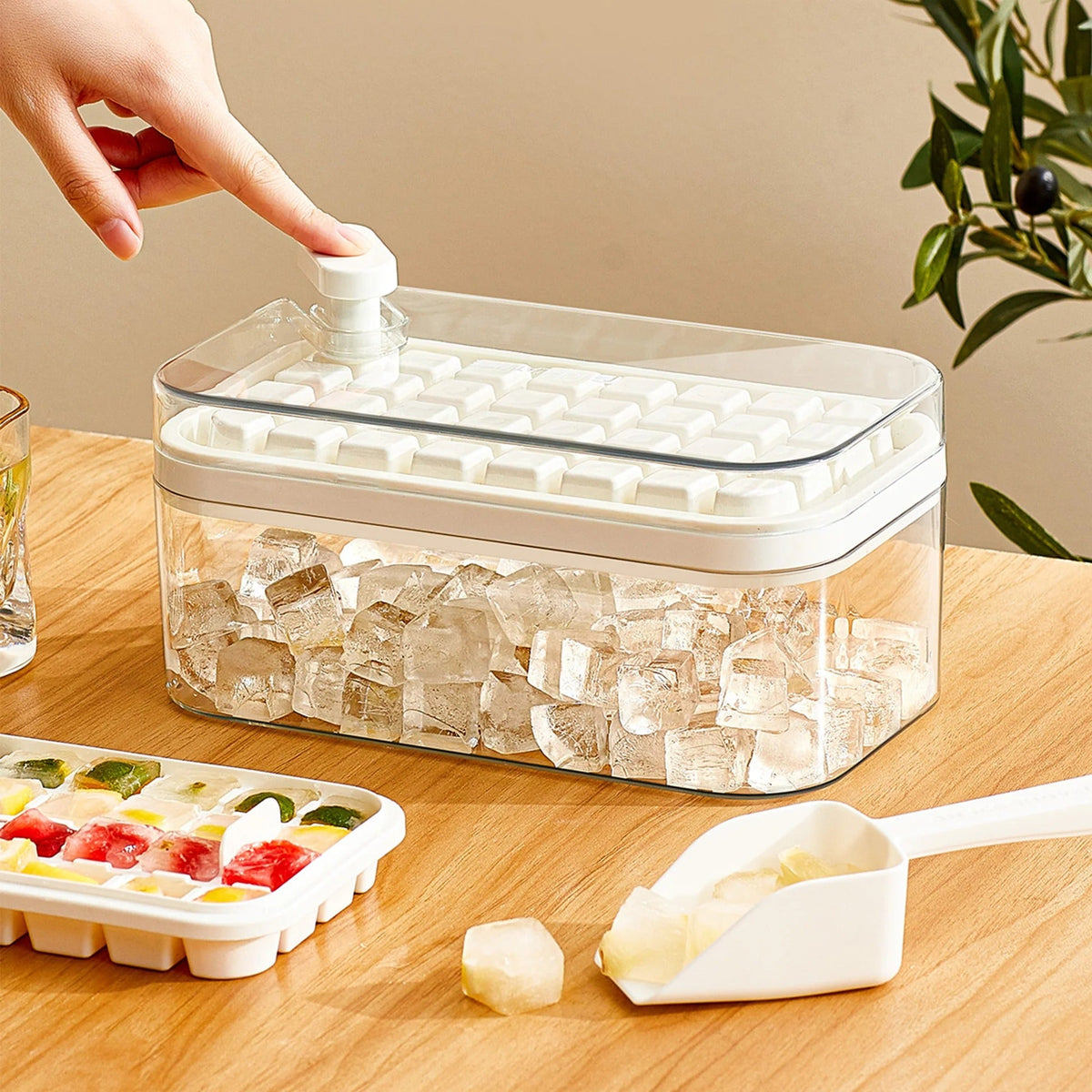 2 Layer Ice Cube Tray, Effortless Demolding, 64 Compartments, White