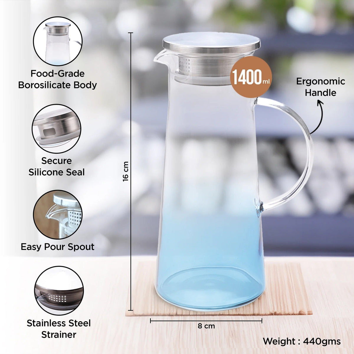 Premium Borosilicate Glass Jug 1.4L Blue SS Lid Handle