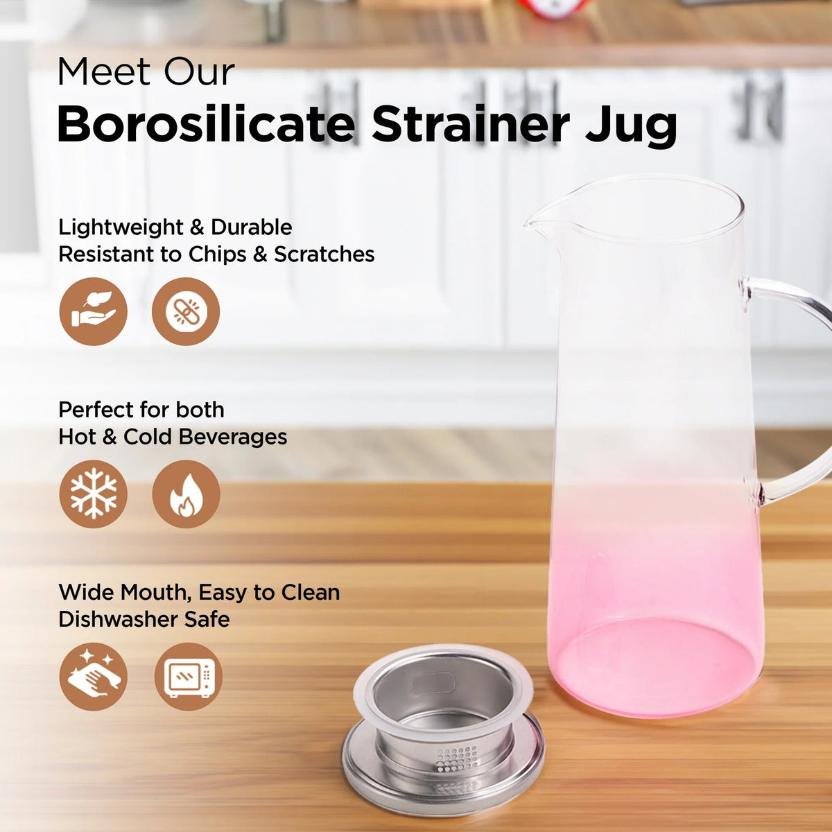 Premium Borosilicate Glass Jug 970 ml Pink SS Lid