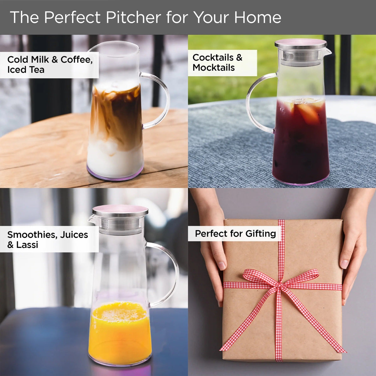 Premium Borosilicate Glass Jug 970 ml Pink SS Lid