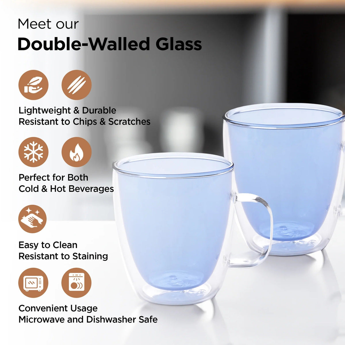 Double Walled Glass Coffee Mug Set of 2 (400 ml), Blue