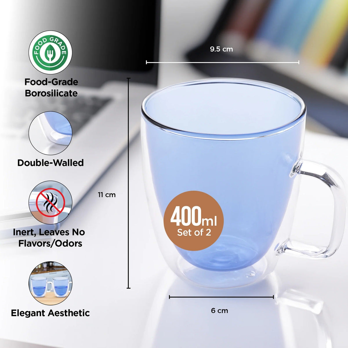 Double Walled Glass Coffee Mug Set of 2 (400 ml), Blue
