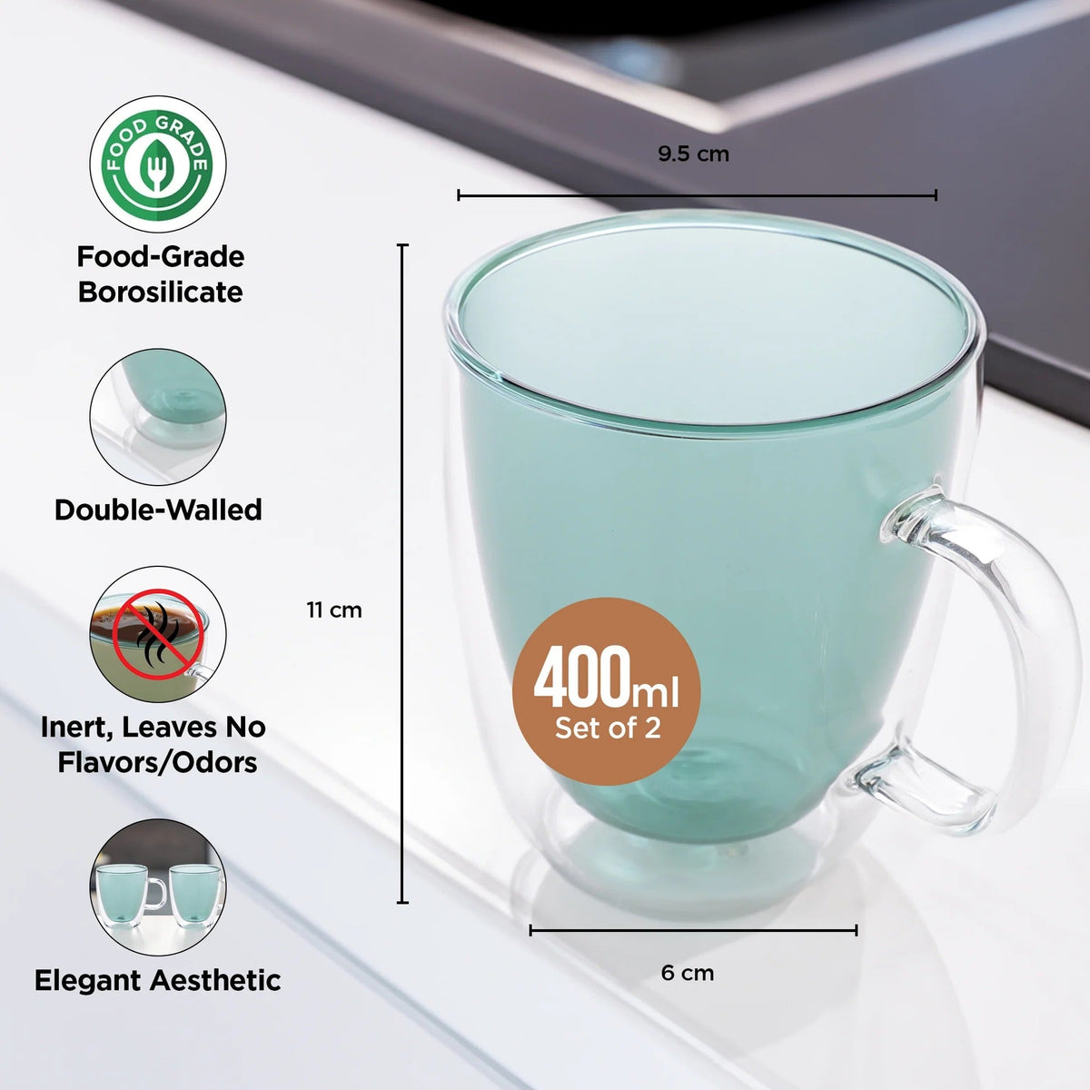 Double Walled Glass Coffee Mug Set of 2 (400 ml), Blue