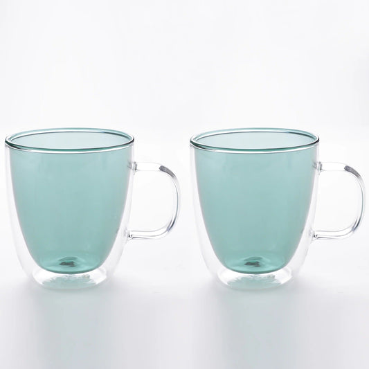 Double Walled Glass Coffee Mug Set of 2 (400 ml), Green