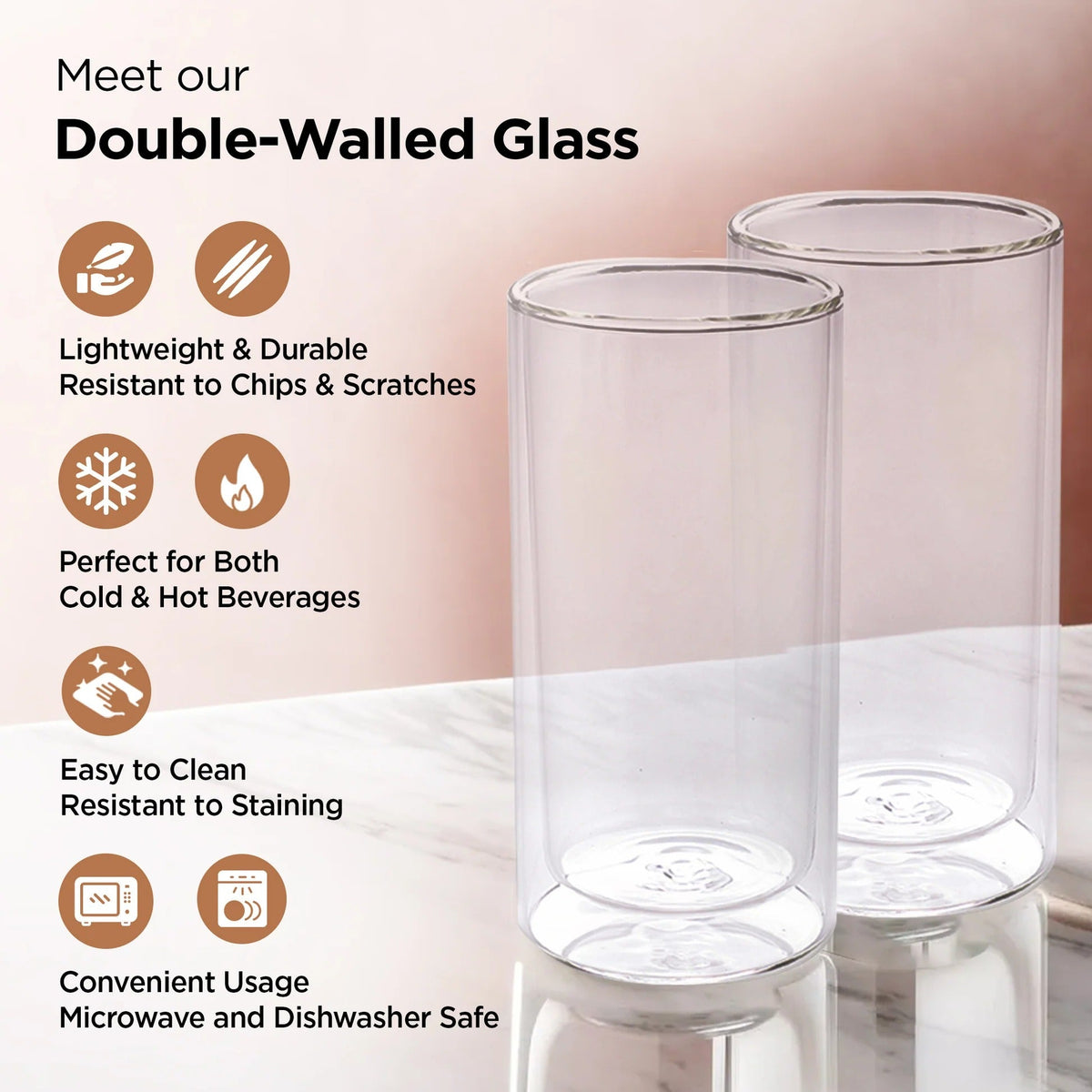 Set of 2: Double Wall Borosilicate Glass Coffee Mugs, 250 ml, Transparent