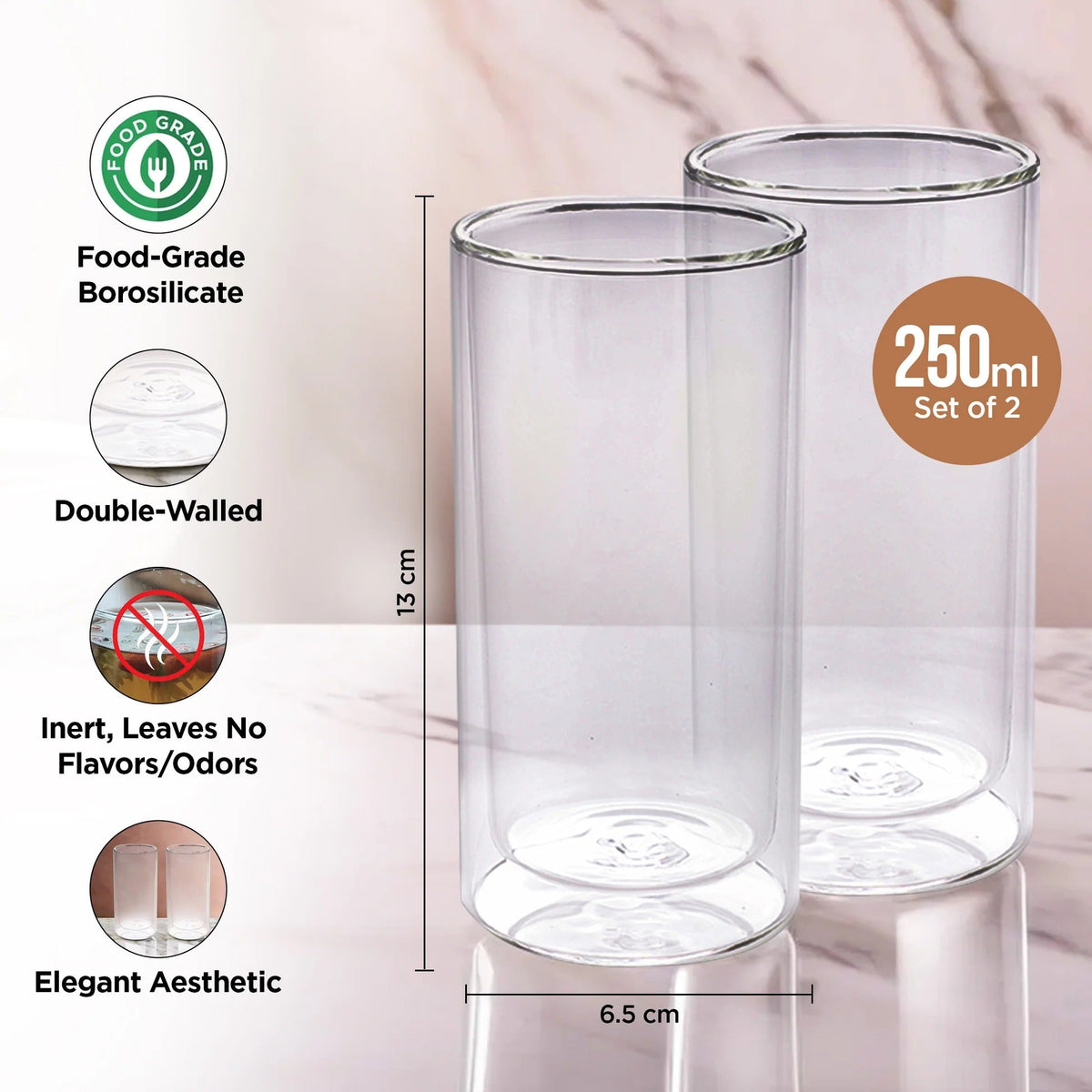 Set of 2: Double Wall Borosilicate Glass Coffee Mugs, 250 ml, Transparent