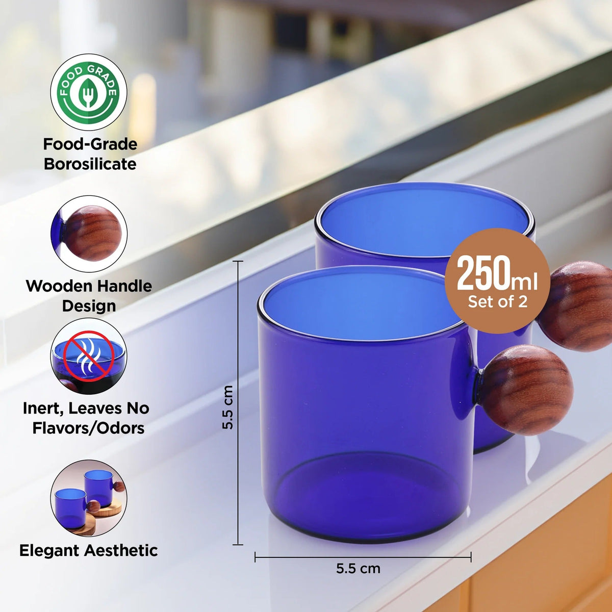 Pack of 2: Borosilicate Glass Coffee Mugs with Wooden Handle, 120 ml, Blue