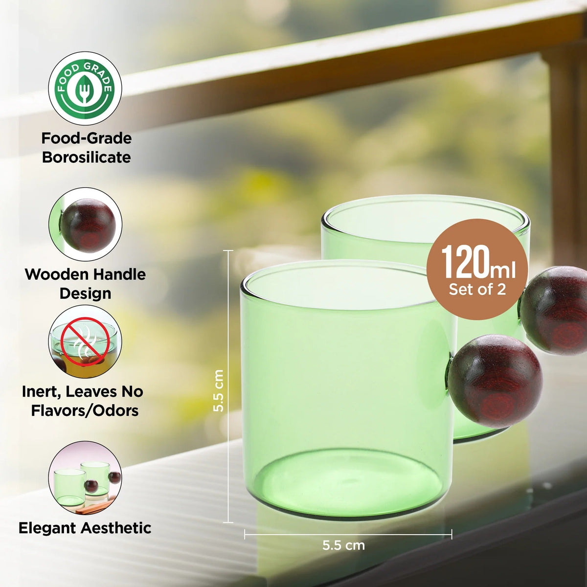 Pack of 2: Borosilicate Glass Coffee Mugs with Wooden Handle, 120 ml, Green