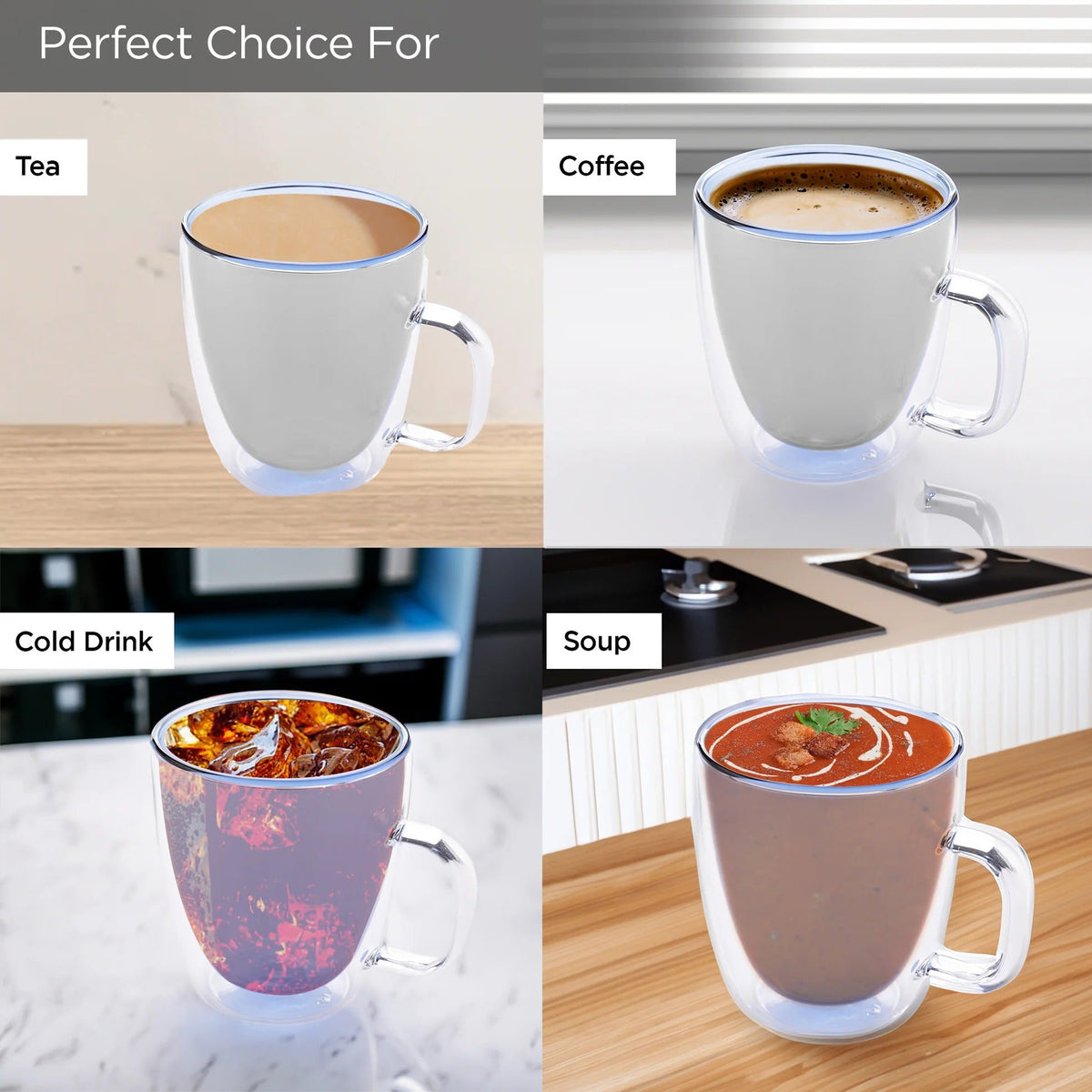 Double Walled Glass Coffee Mug Set of 2 (400 ml), Blue