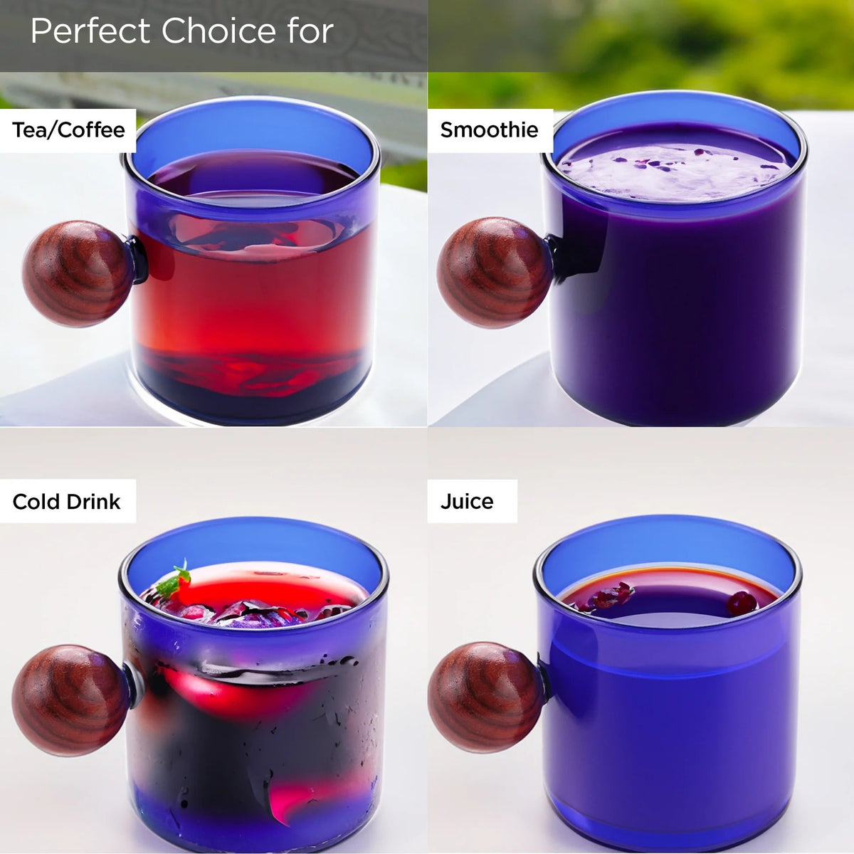 Pack of 2: Borosilicate Glass Coffee Mugs with Wooden Handle, 120 ml, Blue