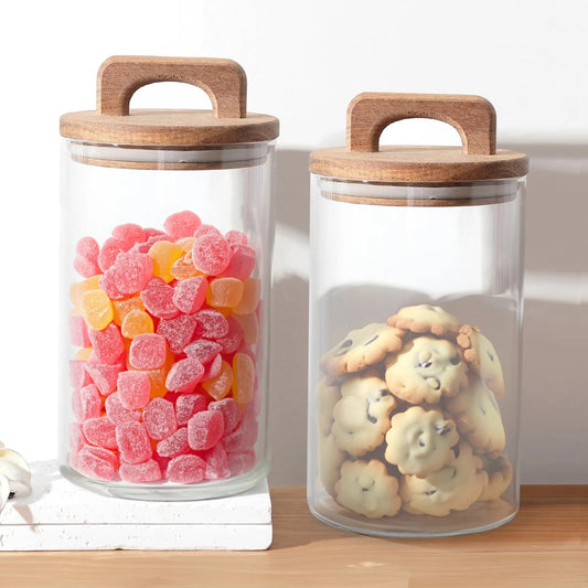 1000 ml Glass Jars with Wooden Lid, Set of 2, Airtight, Kitchen Storage