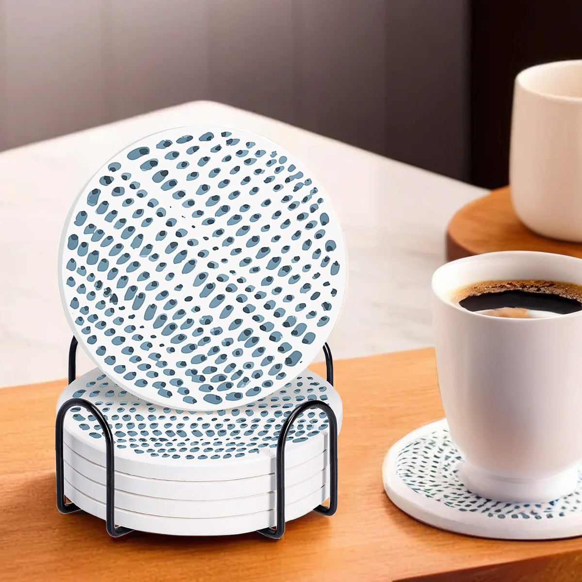 Diatomite Coasters Set of 6 10 cm White Print Dining Table Glass Cover Lid
