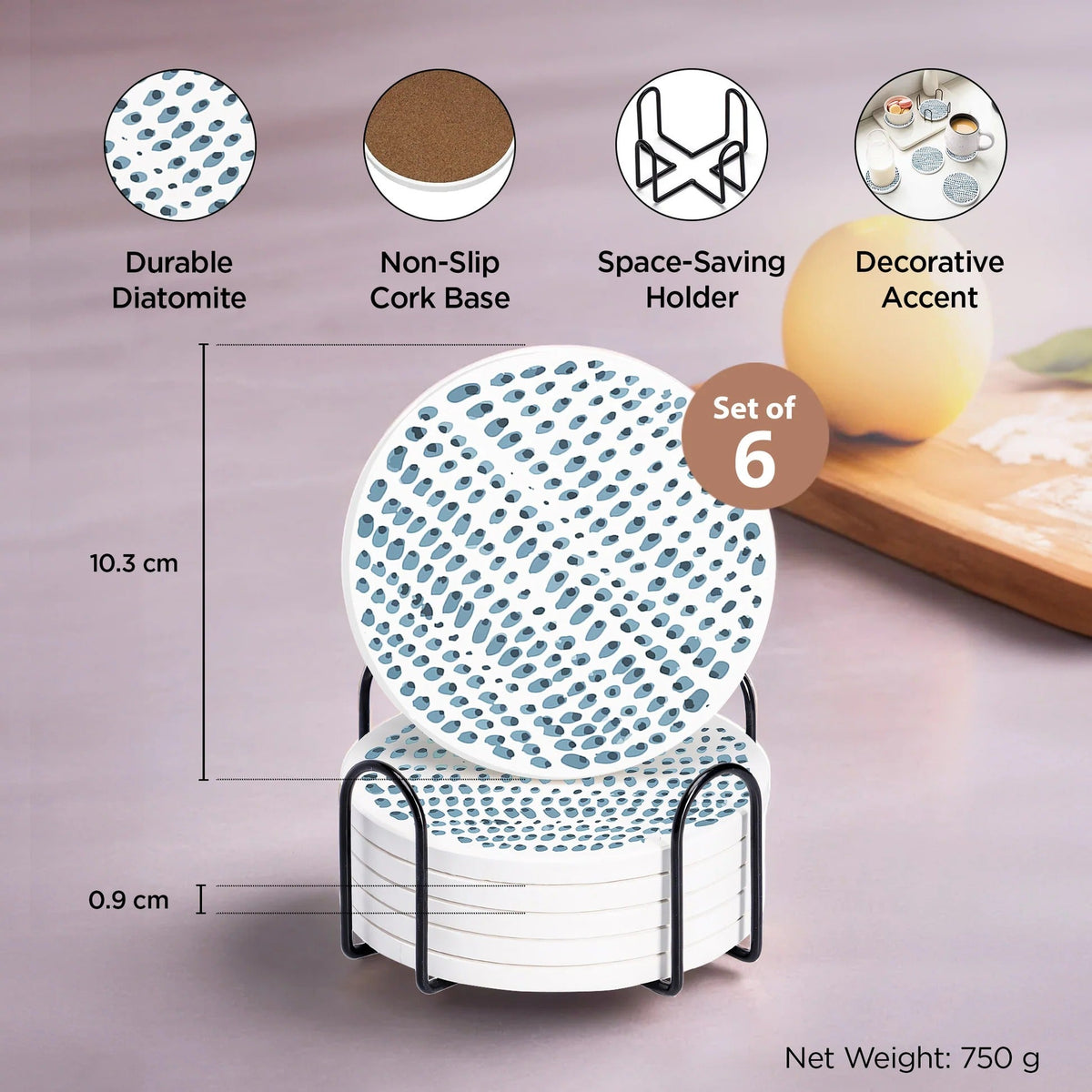 Diatomite Coasters Set of 6 10 cm White Print Dining Table Glass Cover Lid