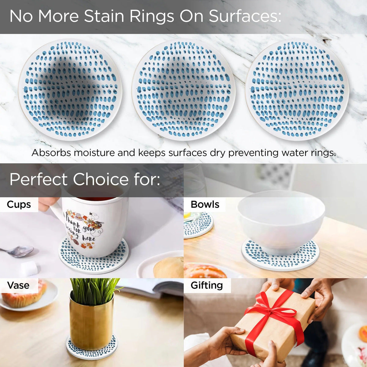 Diatomite Coasters Set of 6 10 cm White Print Dining Table Glass Cover Lid