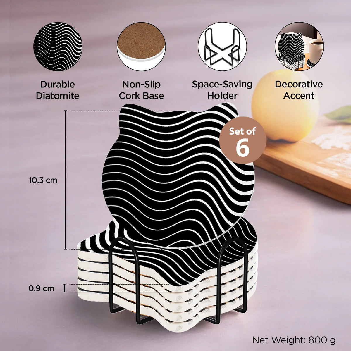 Unique Tea Coaster Set of 6 10 cm 9 mm Thick Black White Non Slip Mat Housewarming Gift