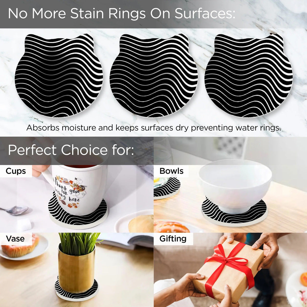 Unique Tea Coaster Set of 6 10 cm 9 mm Thick Black White Non Slip Mat Housewarming Gift