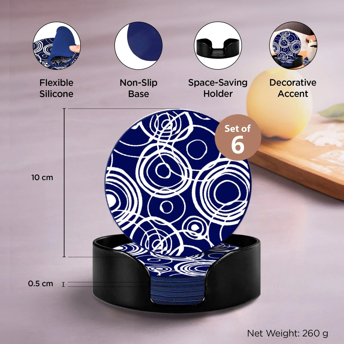 Silicone Coaster Set of 6 10 cm with Plastic Holder Dining Table Navy White Unique Design