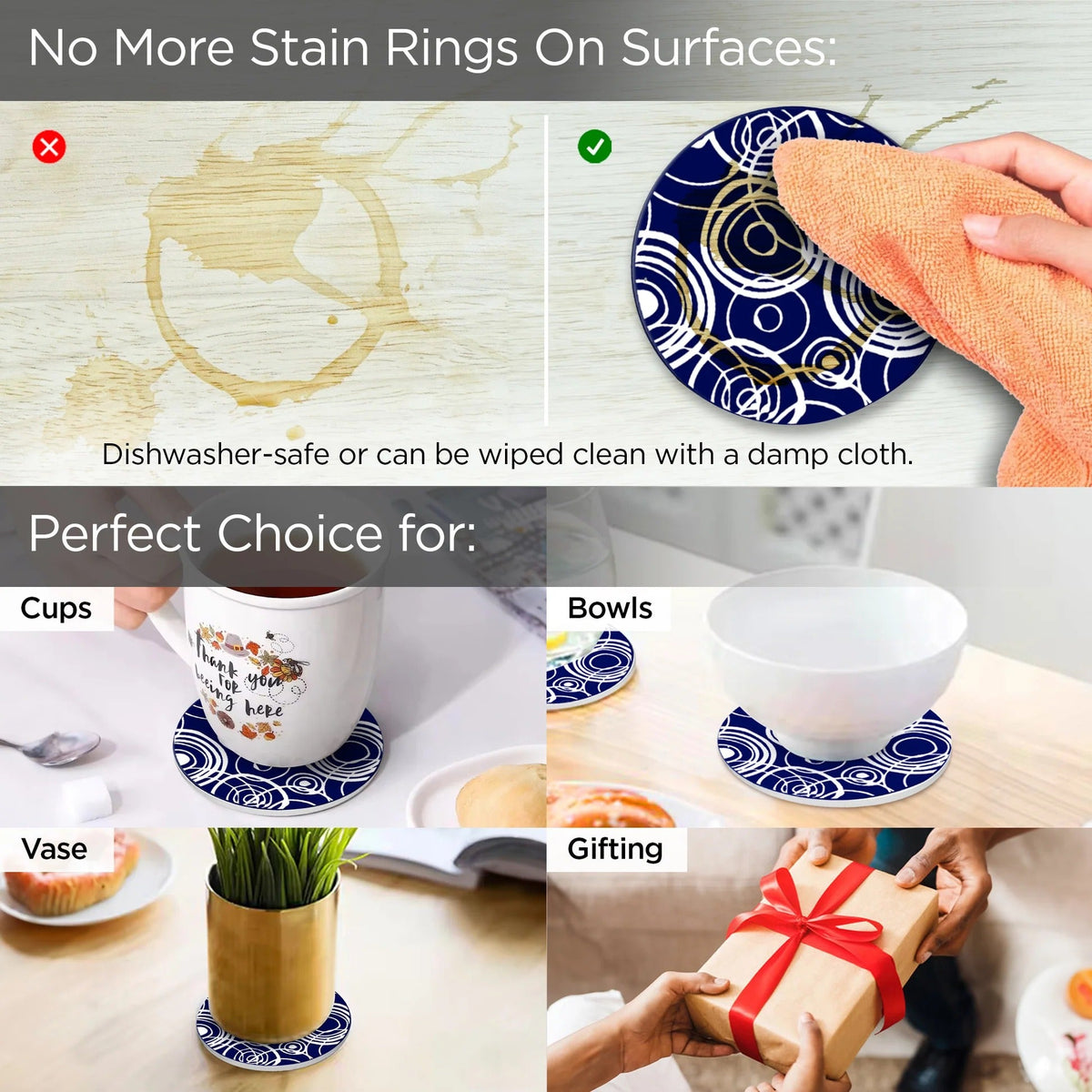 Silicone Coaster Set of 6 10 cm with Plastic Holder Dining Table Navy White Unique Design
