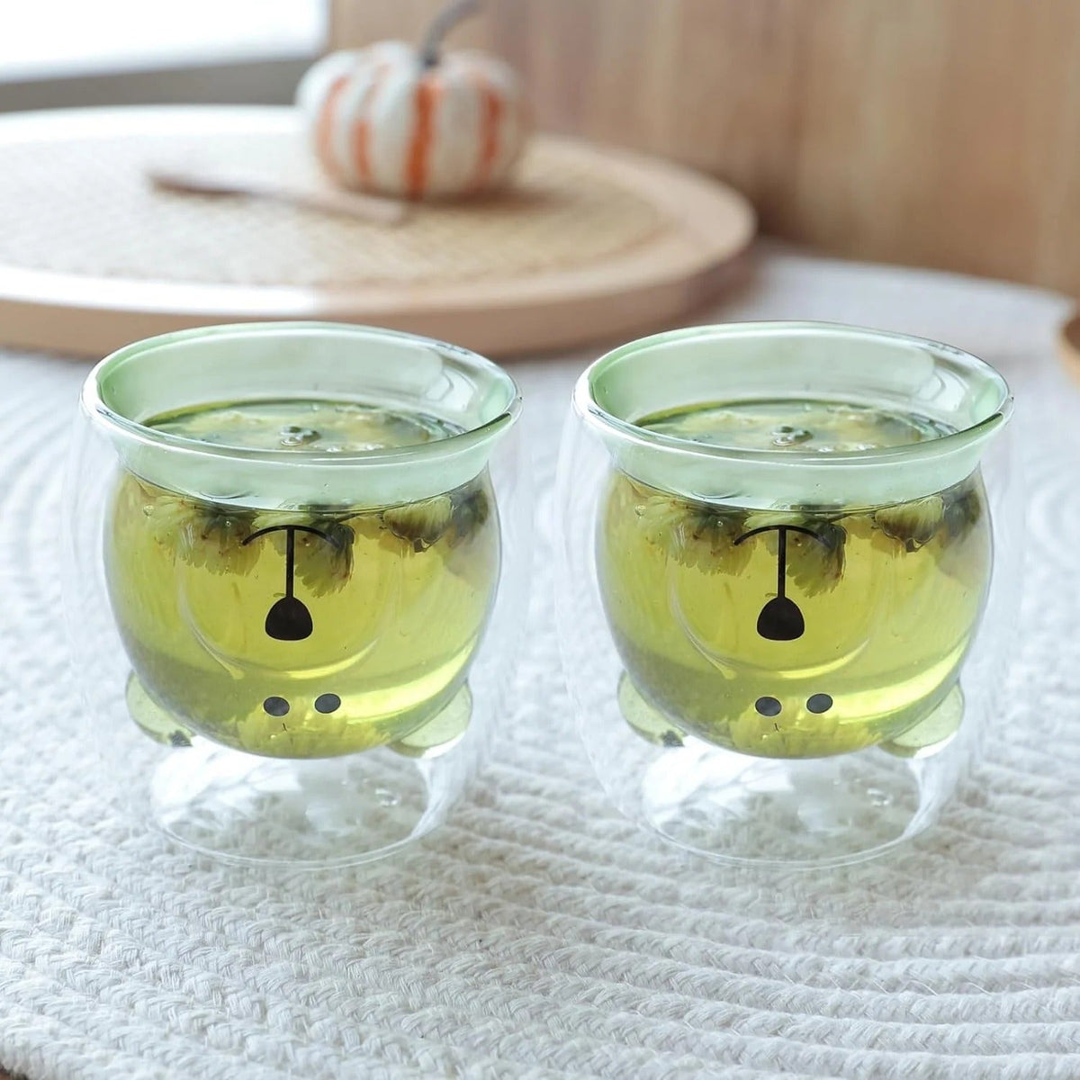6 Pcs Cute Teddy Bear Borosilicate Double Wall Glass Cups 250 ml, Pack of 3, Green