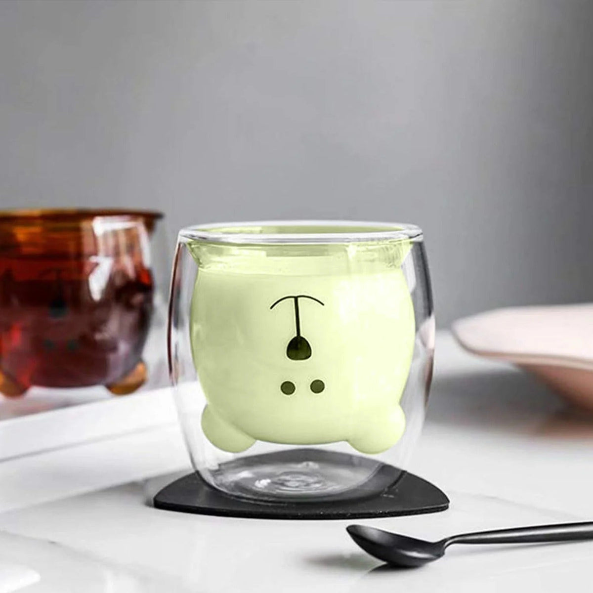 6 Pcs Cute Teddy Bear Borosilicate Double Wall Glass Cups 250 ml, Pack of 3, Green