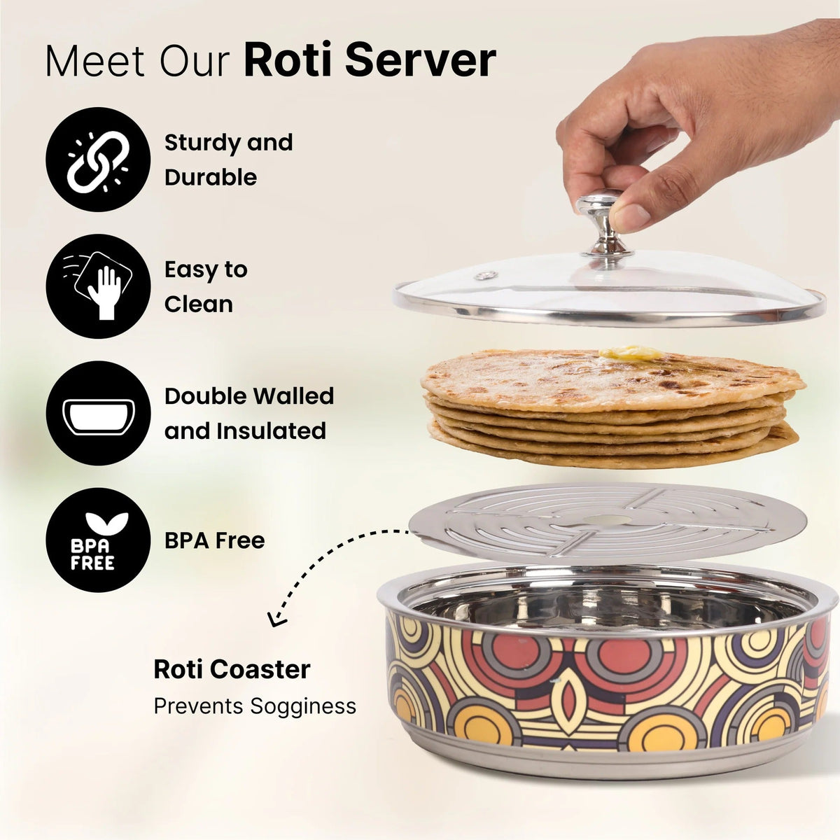 Double Walled Insulated Serving Casserole 1.5L Stainless Steel Hotpot Glass Lid Coaster