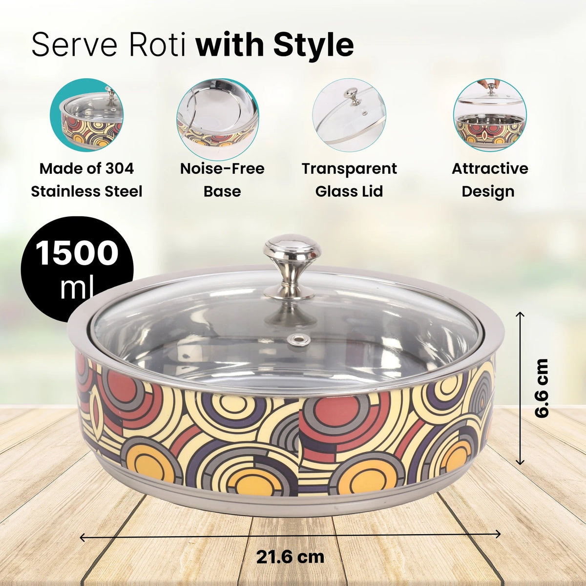 Double Walled Insulated Serving Casserole 1.5L Stainless Steel Hotpot Glass Lid Coaster